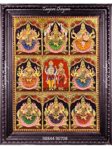 Ashtalakshmi Tanjore painting with 8 Lakshmi forms gold foil traditional multi panel Lakshmi artwork